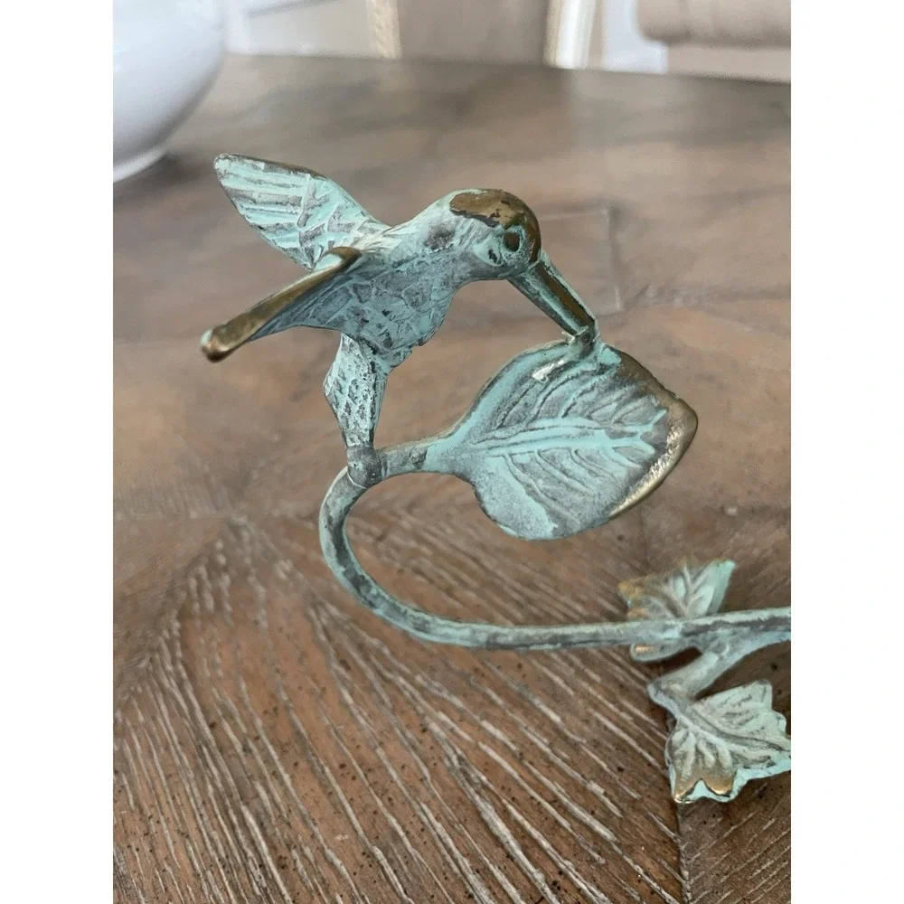 Vtg Verdigris Brass Hummingibrd Bud Vase with Fluted Frosted Glass Insert 8